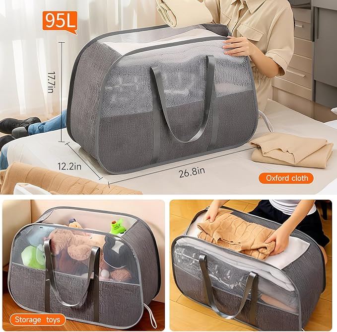 Large Collapsible Laundry Hamper, Gray Oxford Cloth 95L Capacity laundry basket with Handles, Breathable Mesh Design, Sturdy Steel Frame Clothes Hamper with Easy Carry 26.8x12.2x17.7 Inch