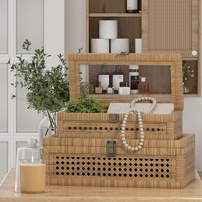 Rattan Decorative Box,Boho Display Boxes with Lids,Set of 2 Rectangular Wicker Storage Decoration,Natural Woven Cane Bins for Home Decor for Rustic Farmhouse(Natural)