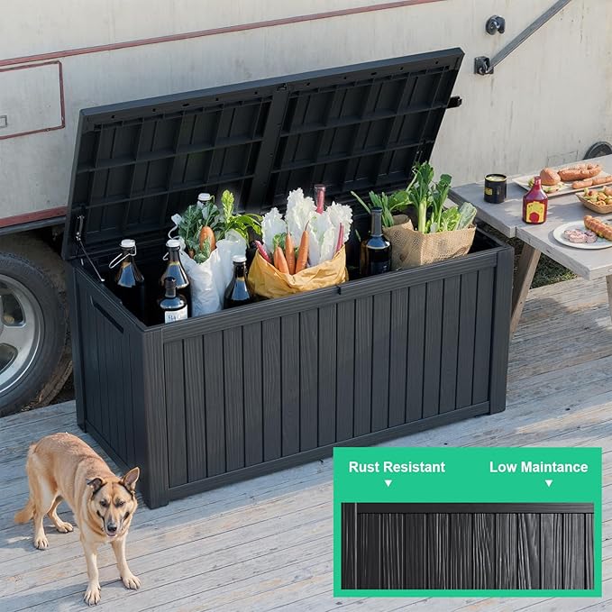 200 Gallon Outdoor Deck Box,Storage Lockable Waterproof Patio Furniture,Garden Tools,Cushions,Pool Accessories Outside Storage Resin Box(Black)