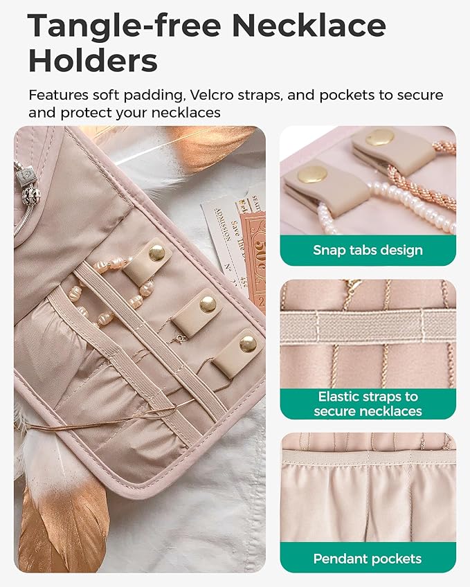BAGSMART Travel Jewelry Organizer Case C Initial Foldable Jewelry Roll for Journey Rings, Necklaces, Earrings, Bracelets,Mini,Letter C,Soft Pink