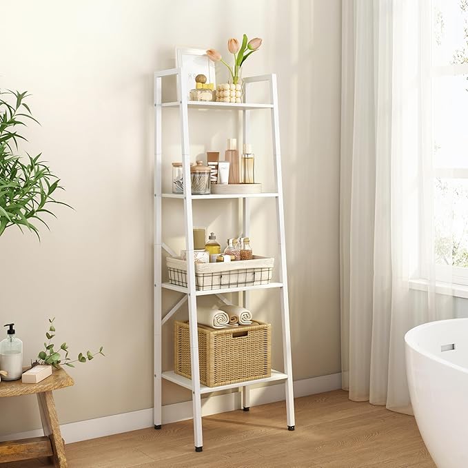 Hoctieon 4-Tier Industrial Ladder Bookshelf, Narrow Ladder Shelf, Tall Standing Bookshelf, Skinny Open Ladder Shelf, for Living Room, Home Office, Kitchen, Bedroom, Metal Frame, White