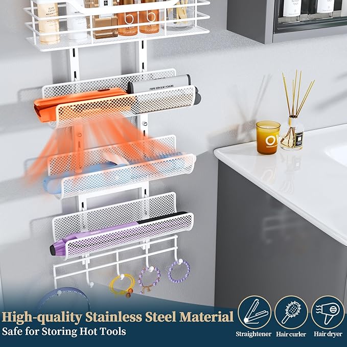 Consumest 6-Tier Hair Tool Organizer - Hair Dryer Holder Over The Door/Wall Mounted DIY Adjustable Shelf Bathroom Door Organizer with Hook for Curling Iron/Blow Dryer/Straightener White