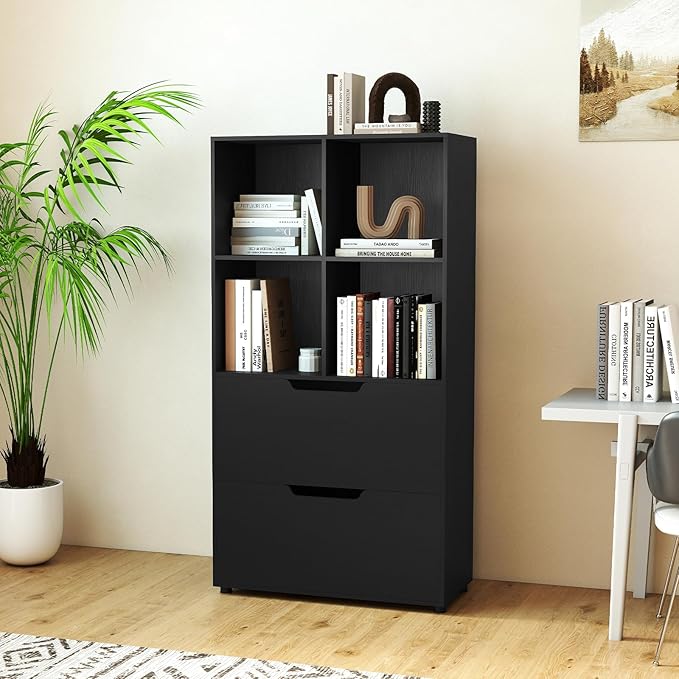 Giantex Bookshelf with 4 Cubes & 2 Drawers, 51” Tall Floor Bookcase with Anti-tip Kits, Freestanding Display Rack Storage Organizer for Study, Living Room, Home Office (Black)