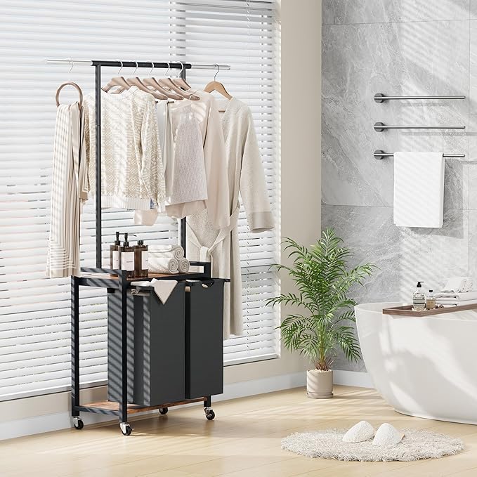 GarveeHome Rolling Laundry Cart with Hanging Rack & Utility Shelf | 2-Section Laundry Sorter Hamper with Lockable Wheels | Laundry Basket Organizer for Laundry Room, Bedroom, Bathroom | Black