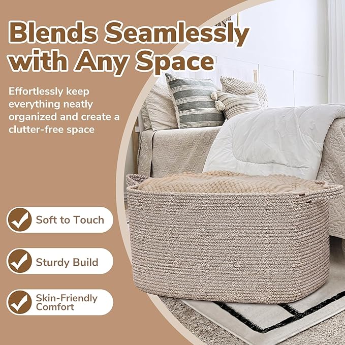 Goodpick Large Woven Storage Basket, 21.6" x 14.9" x 11.8" Blanket Basket for Living Room, Bedroom, Rectangle Rope Storage Organizer for Clothes, Toys, Brown
