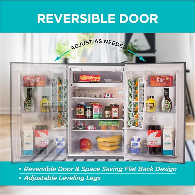 BLACK+DECKER 4.3 Cu. Ft. Compact Refrigerator, ENERGY STAR Certified, Single Door Mini Fridge with Chiller Compartment, Personal Fridge for Home or Dorm Room, BCRK43V, Stainless Look