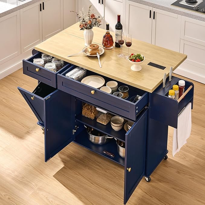 60.2" Kitchen Islands with Storage, Rolling Island Table with Trash Can Storage Cabinet, Mobile Island Cart with Drop Leaf & Power Outlet & Spice Rack & Towel Rack & Knife Holder, Blue