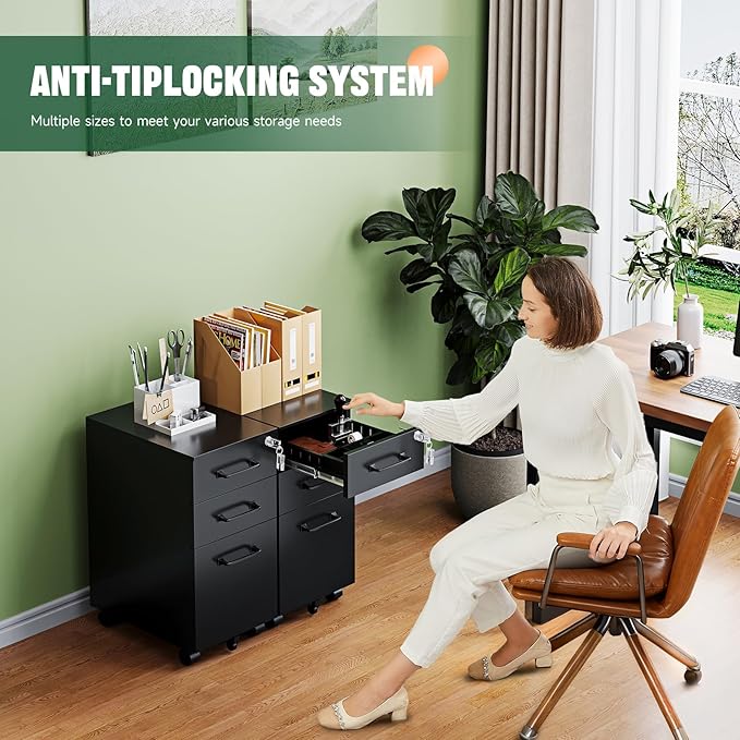 Letaya 3 Drawer Mobile File Cabinet with Lock,Under Desk Metal Filing Cabinets for Home Office Organizer,Small Rolling Printer Stand with Wheels,for Letters/Legal/A4(Assembly Required) (Black)
