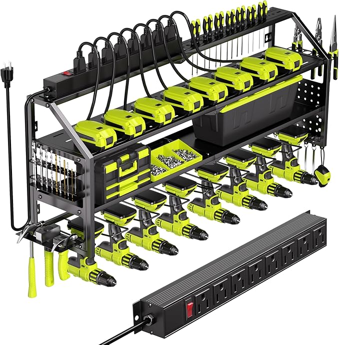 Power Tool Organizer Wall Mount with Charging Station, 8 Drill Holder with 8-Outlet Power Strip, Garage Cordless Drill Storage and Organization, Battery Utility Rack
