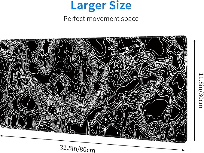 Black with White Topographic Line Large Mouse Pad,Gaming Keyboard Desk Pad,Extended Mouse Mat Non-Slip Rubber Base with Stitched Edges for Office Game Home XL 31.5"x11.8"