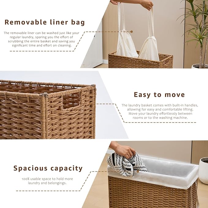 Slim Wicker Laundry Hamper, 55L Handwoven Rattan Basket with Handles, Narrow Laundry Basket with Removable Liner Bag & 2 Mesh Bags