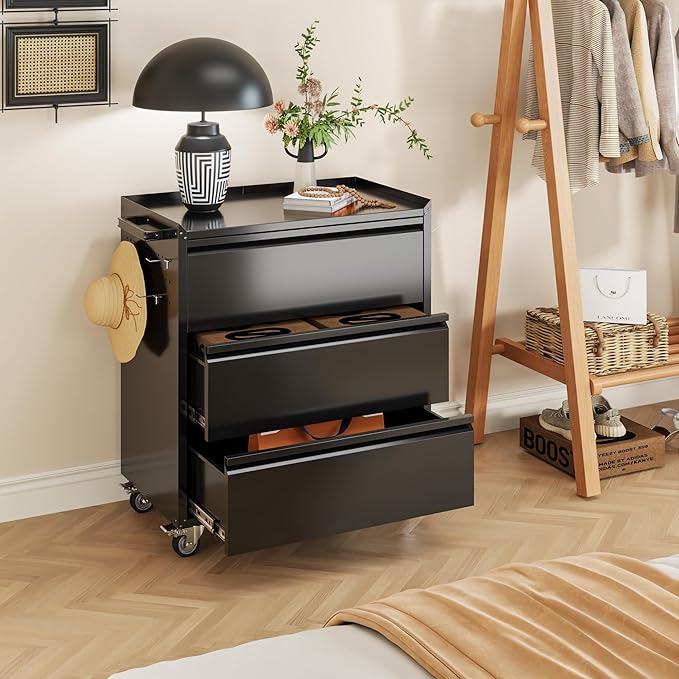 Aobabo Metal Storage Cabinet on Wheels, Black Tool Garage Cabinet with 3 Drawer, for Home Office, Assembly Required