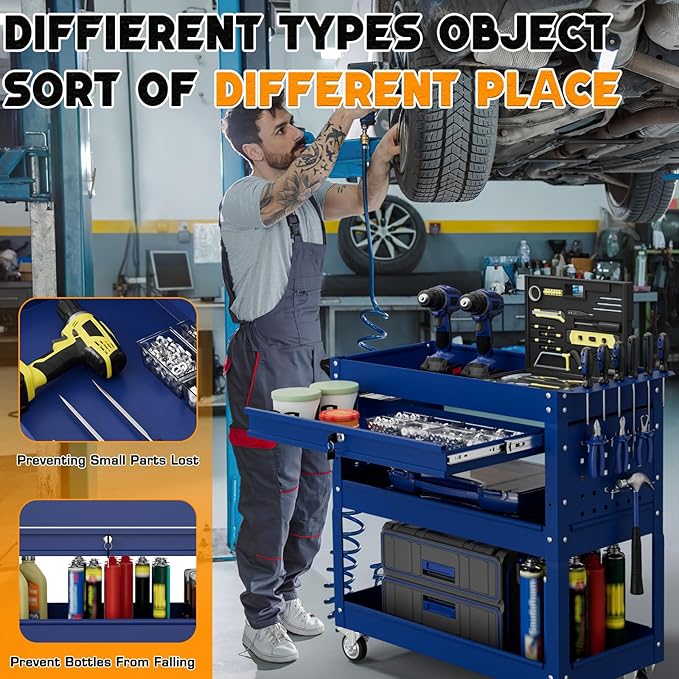 3 Tier Tool Cart on Wheels with Drawers - Three Tier Rolling Cart with Lockable Storage - Mechanic Tool Chest - Tool Chest with Wheels Used in Garage, Indoors, Workshop (Blue)