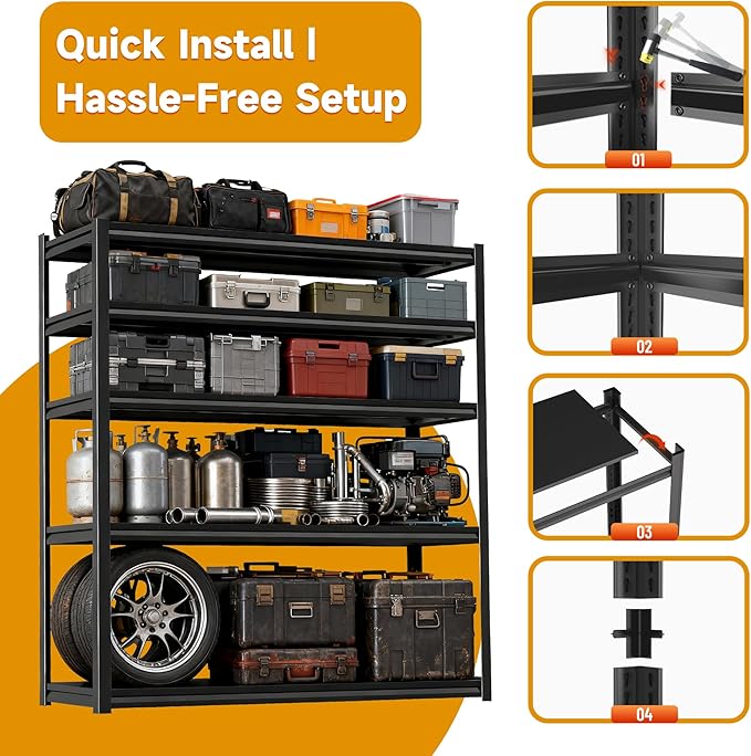 Metal Shelving, Garage Shelving Unit and Storage,Adjustable Storage Shelves, 3000LBS Storage Steel Shelving, for Kitchen Warehouse Pantry Commercial Use, Basement (72in×48in×24in-5 Tier)