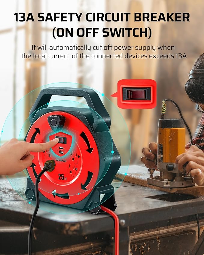 DEWENWILS Cord Reel with 4 Power Outlets, 2-USB Ports(3.4A Fast Charge), 25FT Retractable Extension Cord Reel, Heavy Duty SJTW 16/3 Cable, 13A Circuit Breaker, Hand Wind, UL Listed