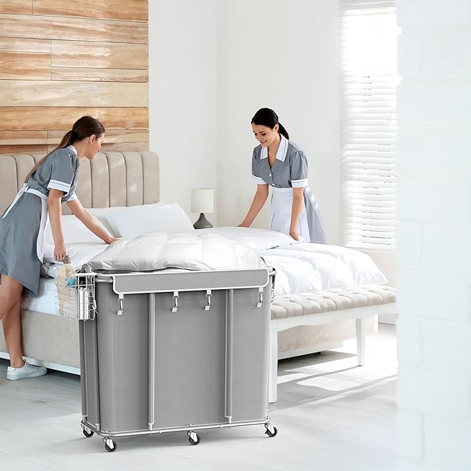 Simple Houseware Extra Large 2 Section Rolling Laundry Cart 265 Liter – Heavy Duty Hamper with 2 Removable Bags & 6 Smooth Wheels – Commercial Laundry Organizer for Home, Hotel, Dorm, Gym, Gray