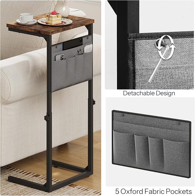 HOOBRO C Shaped End Table, 29.5’’ Adjustable Height Side Table with Storage Pockets, Couch Table Slide Under for Sofa, Small Space, for Living Room, Bedroom, Rustic Brown and Black BF77SF01