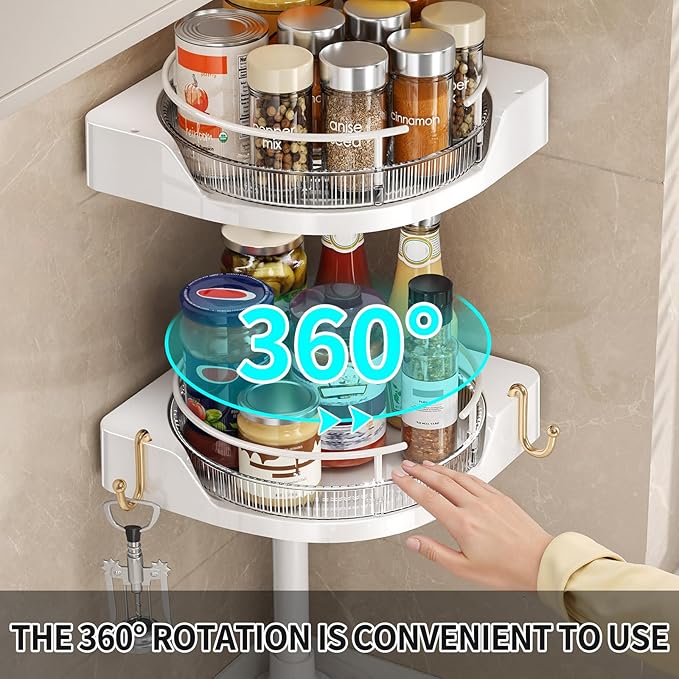 Standing Spice Rack Organizer, Counter Corner Double Tier Lazy Susan, Height Adjustable 360 Rotating Storage Rack with Hooks for Kitchen & Bathroom Corners (White)