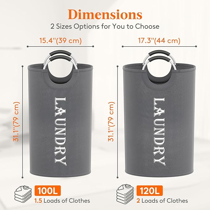 Lifewit 100L 2-Pack Large Laundry Basket, Collapsible Laundry Hamper with Aluminum Handles, Waterproof Freestanding Dirty Clothes Hampers for Laundry Room Bedroom Dorm Bathroom, Grey