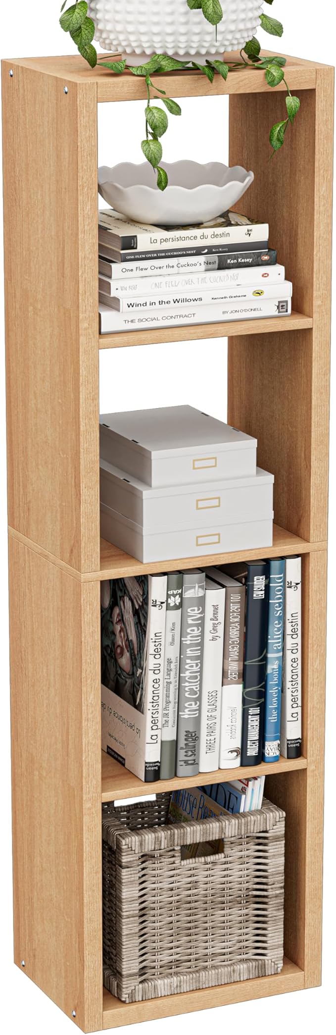 Cube Storage Organizer Bookcase, Small 4 Tier 11 inch Open Back Cubical Shelf with Thickened Border, Display Bookshelf for Living Room, Home Office, Sturdy Room (Natural Oak, 4 Cube,Vertical)
