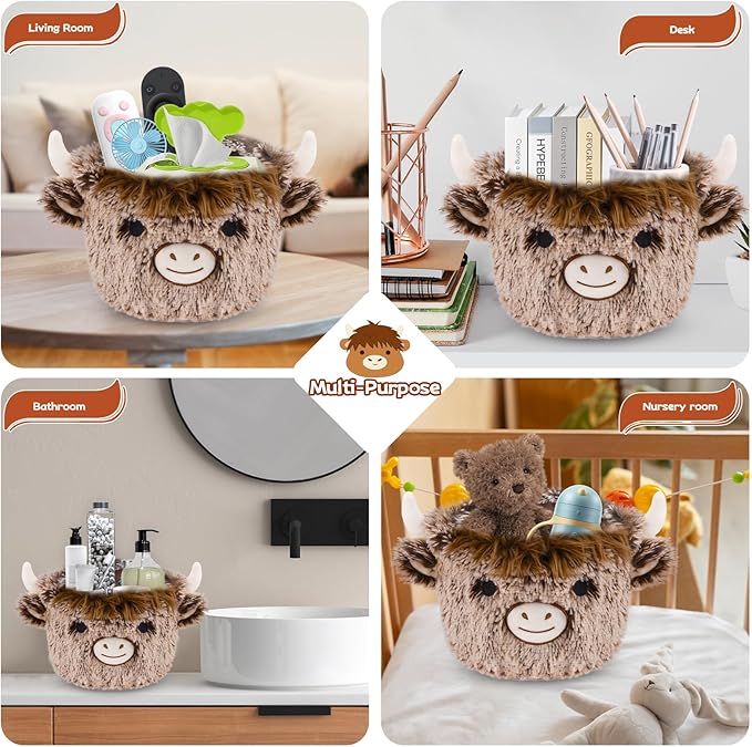 Highland Cow Plush Basket, Highland Cow Gift Basket for Nursery, Soft Winter Small Baby Blanket 0rganizer Storage, Cute Baby Blanket Diapers Candy Towel Decor Storage Bins, 8.2×6.3 inches
