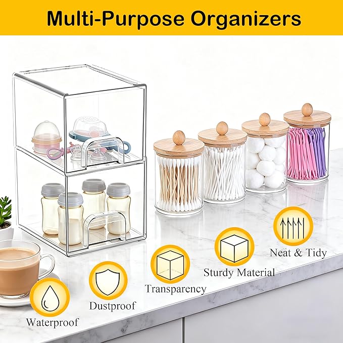6 Pack Clear Stackable Storage Drawers & Qtip Holder Dispenser with Bamboo Lids, Clear Plastic Storage Containers for Bathroom, Vanity, Undersink, Kitchen Cabinets, Pantry, Home Organization