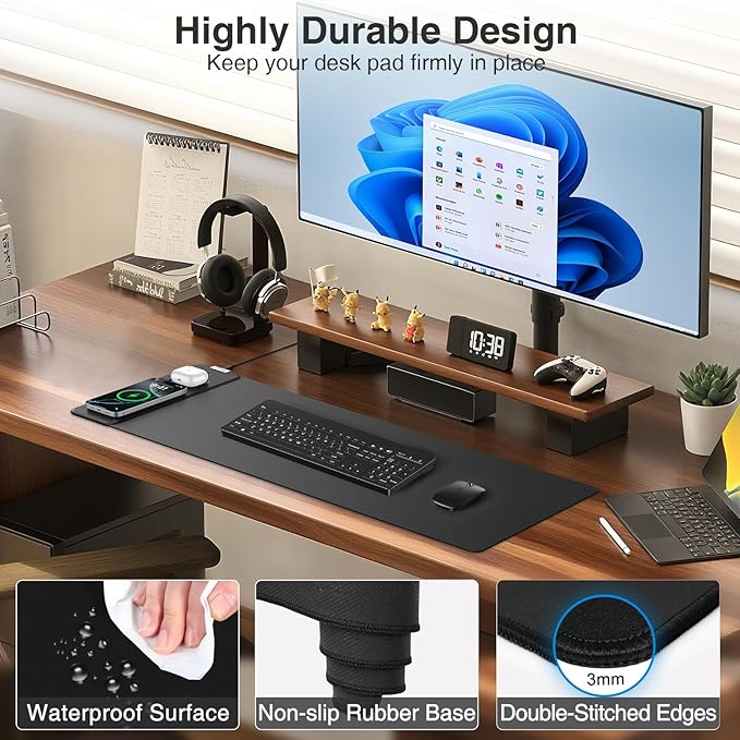Magnetic Wireless Charging Mouse Pad, 27.5"x11.8" Gaming Desk Mat for Keyboard/Laptop, Non-Slip Base & 20W PD Adapter, Waterproof Smooth Desk Writing Pad for Gamer, Office & Home, Black