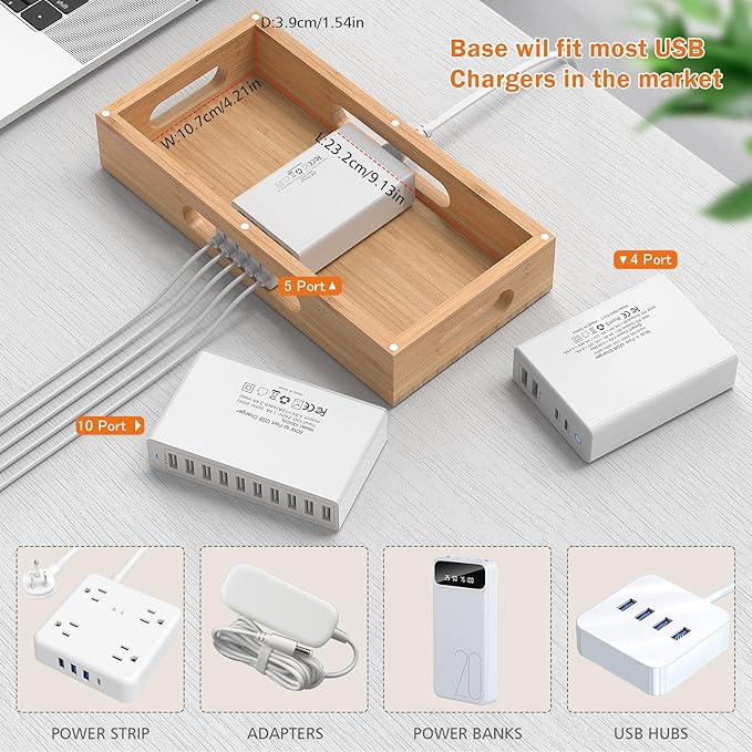 Pezin & Hulin Bamboo Charging Station Holder with 5 Port USB Charger, 5 x Charge Cables, Watch Stand, Wood Docking Stand Electronic Organizer for Multiple Devices, Phones, Tablets and More