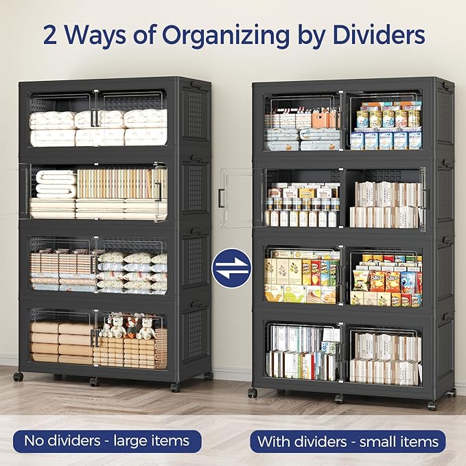 150Gal Stackable Storage Bins with Lid, 600Qt Extra Large Collapsible Storage Box with Wheels, Dividers, Folding Plastic Cabinet Closet Organizers for Home Kitchen Office Dorm, 3Pack Black