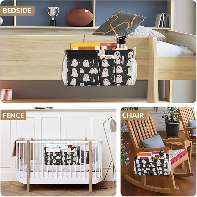 Cute Halloween Ghost Blacck Bedside Caddy for Dorm Bed Bedside Hanging Caddy Bag Iron Frame Storage Organizer Pocket for Bunk Home College Hospital Beds 2 Hooks
