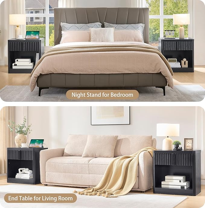Fluted Nightstand Set of 2 with Charging Station, 23.6" End Table with Open Shelf and Drawers Storage, Bedside Table with Solid Wood Handle, Curved Profile Design, Night Stand for Bedroom