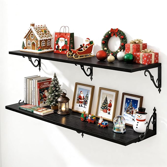 Fun Memories Large Floating Shelves for Wall 48 Inches Long, 12 Inch Deep Shelves with Metal Bracket, 48 Inch Floating Shelves Wall-Mounted, Wide Display & Storage Bookshelves, Black, Set of 2