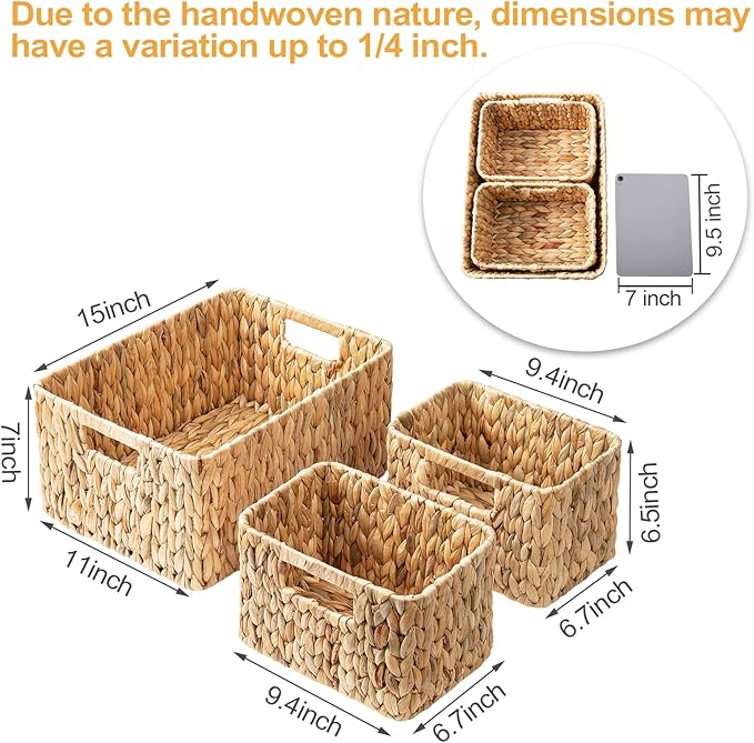 ELONG HOME Wicker Storage Basket, 3 Pack Hand-Knitted Wicker Baskets, Water Hyacinth Storage Baskets with Built-in Handles