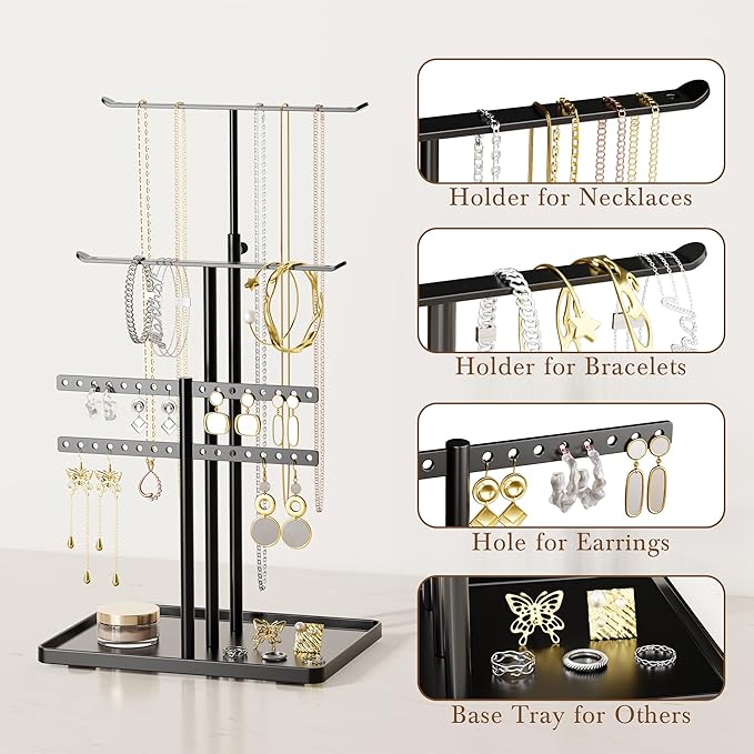 Jewelry Holder Organizer Stand - Adjustable Jewelry Tree 17.5" Height (Max), Jewlery Hanger for Necklaces, Bracelets, Earrings, Aesthetic for Storage and Display, Metal, Black