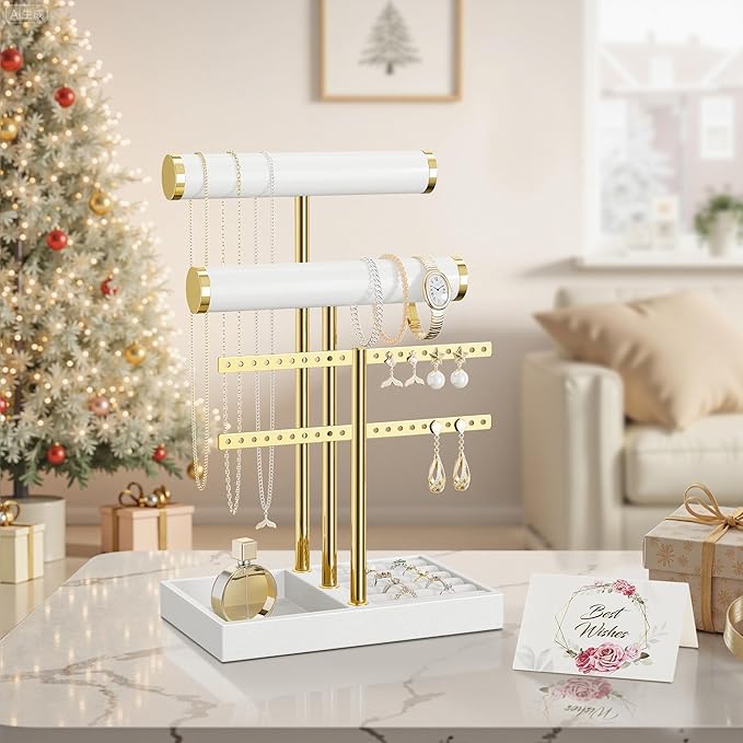 3 Tier Bracelet Holder Display - White Leather Bracelet Holder, Detachable T Bar Jewelry Holder Organizer for Bracelet, Necklace, Earrings, Rings, Watches, Bangle