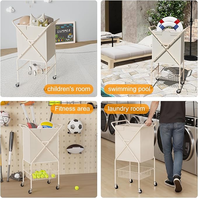 Laundry Basket with Wheels:88L Rolling Laundry Cart Foldable Metal Frame Dirty Clothes Laundry Hamper 36"H 4 Caster 2 Brake Waterproof Removable Liner Carry Handle for Dorm Laundry Room,Cream