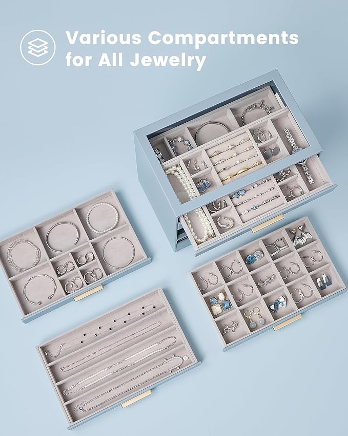 Lolalet Jewelry Box Organizer, 6-Layer Jewelry Organizers and Storage Case with Glass Lid, Ring Earring Bracelet Necklace Holder Organizer, Birthday Christmas Gifts for Women Girls -6Layer, HazeBlue