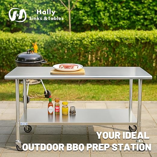 Hally Stainless Steel Table for Prep & Work 24 x 30 Inches with Caster Wheels, NSF Commercial Heavy Duty Table with Undershelf and Galvanized Legs for Restaurant, Home and Hotel