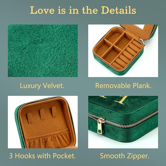 Parima Back to school Plush Velvet Jewelry Box - Personalized Monogram Travel Jewelry Case Organizer Jewelry Boxes for Women Birthday Mom Friends Teen Girls Teenage Gifts Idea - Letter C, Green