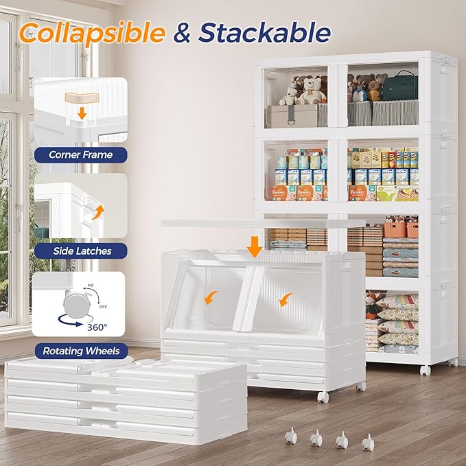 360Qt Stackable Storage Bins with Lid and Wheels, 90Gal Plastic Closet Organizer and Storage Drawer, Large Collapsible Storage Box Cabinet with Clear Door for Home Kitchen Office, 3Pack White
