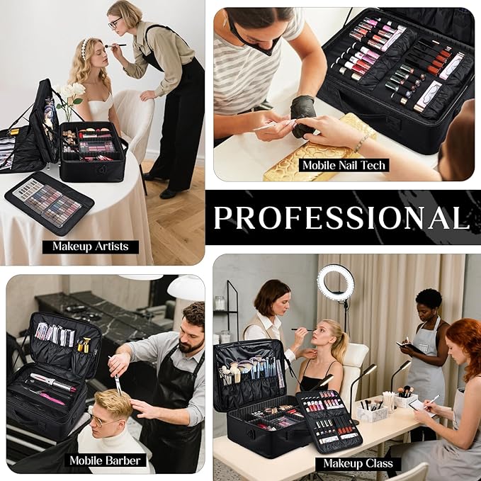 Adazzo Large Makeup Bag, 3 Layers 17” Makeup Case Organizer with Mirror Professional Cosmetic Storage Backpack Box Travel Artist Carrying Vanity Bags with Brush Slot/Shoulder Strap/Attach to Suitcase