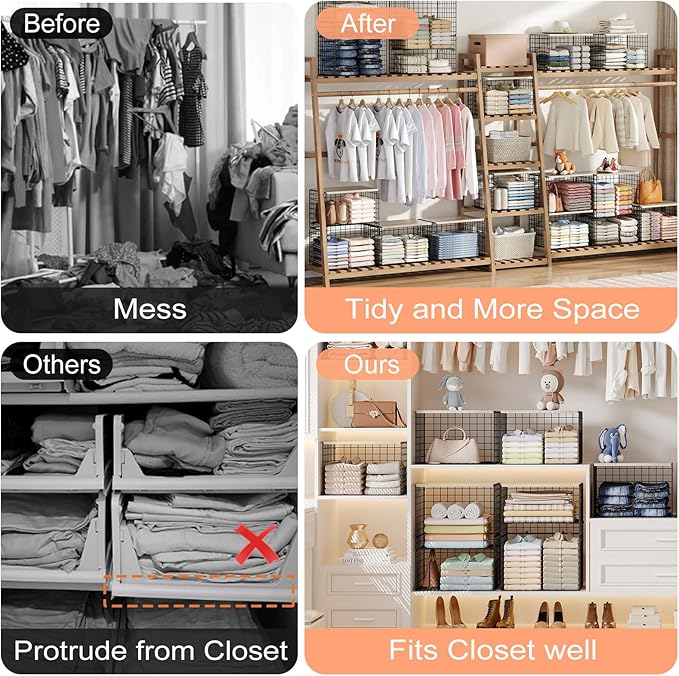 5-Tier Large Stackable Closet Organizer and Storage Basket, Sturdy Closet Shelf Organizer with Wood Top, Stackable Storage Bins Cubes for Clothes with Adjustable Shelf for Wardrobe Organization