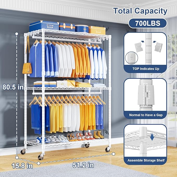 P8 Heavy Duty Clothes Rack（With Extended Width Design） Rolling Clothing Racks for Hanging Clothes，Portable Garment Rack with Lockable Wheels，51.2" W x 15.8" D x 80.5" H，Max Load 700LBS，White