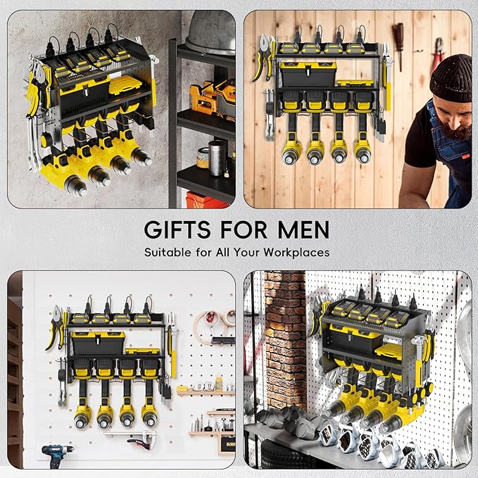 Power Tool Organizer Wall Mount with Charging Station, Drill Holder, Adjustable Layers, Heavy Duty Garage Tool Organizer Storage with 8 Outlet Power Strip, Christmas Gifts for Men, Dad, Husband