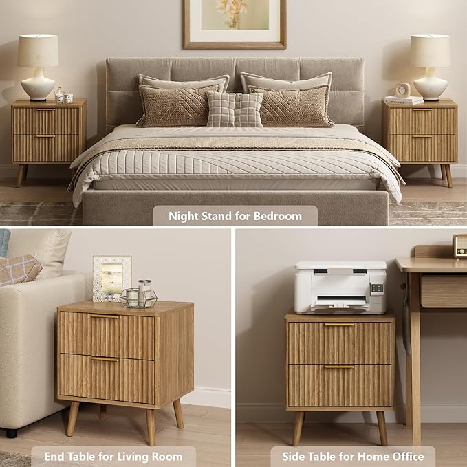 CARPETNAL Fluted Nightstand Set of 2, Walnut Bedside Table with 2 Drawers and Gold Handles, Wood End Table Mid Century Night Stands for Bedroom Living Room
