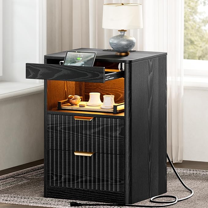 REAHOME Fluted Nightstand Set of 2 with Charging Station, Modern LED Night Stand with 2 Drawers and Pull Out Tray, Wood Bedside Table, End Side Table with Open Shelf for Bedroom,Black