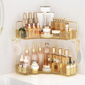 Golden Corner Counter Organizer, 2 - Tier Bathroom & Kitchen Storage Tray with Hooks | PET Vanity Organizer for Skincare, Makeup & Jewelry