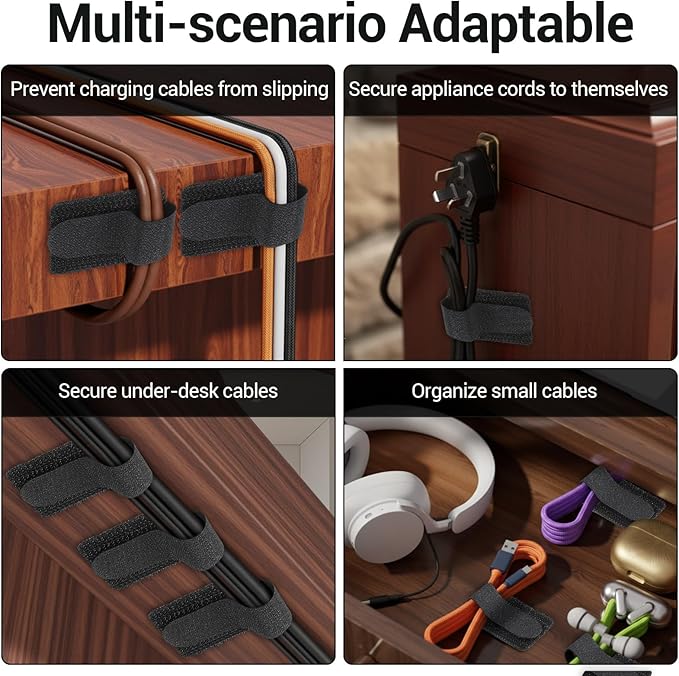 80 Pack Reusable Cable Ties - Self-Adhesive Hook & Loop Straps for Cord Management, Under Desk Wire Organizer, Data Cables, Headphone, Charger, Home Office Use