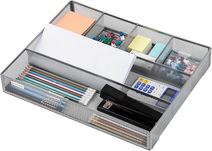 Mind Reader Drawer Organizer, Desk Org, Utensil Organizer, Office, Kitchen, Metal Mesh, Set of 2, Silver