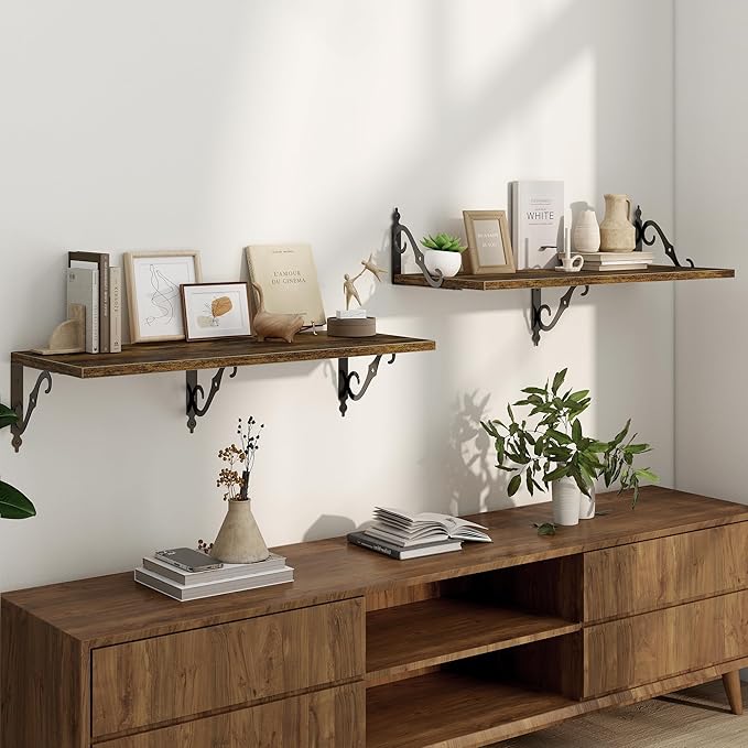Deep Floating Shelves for Wall, 32"W x 12"D Wall Shelves, 12 Inch Deep Floating Shelf with Bracket, 32 Inch Floating Shelf Set of 2, Rustic Shelves for Living Room, Bathroom and Kitchen, Rustic Brown